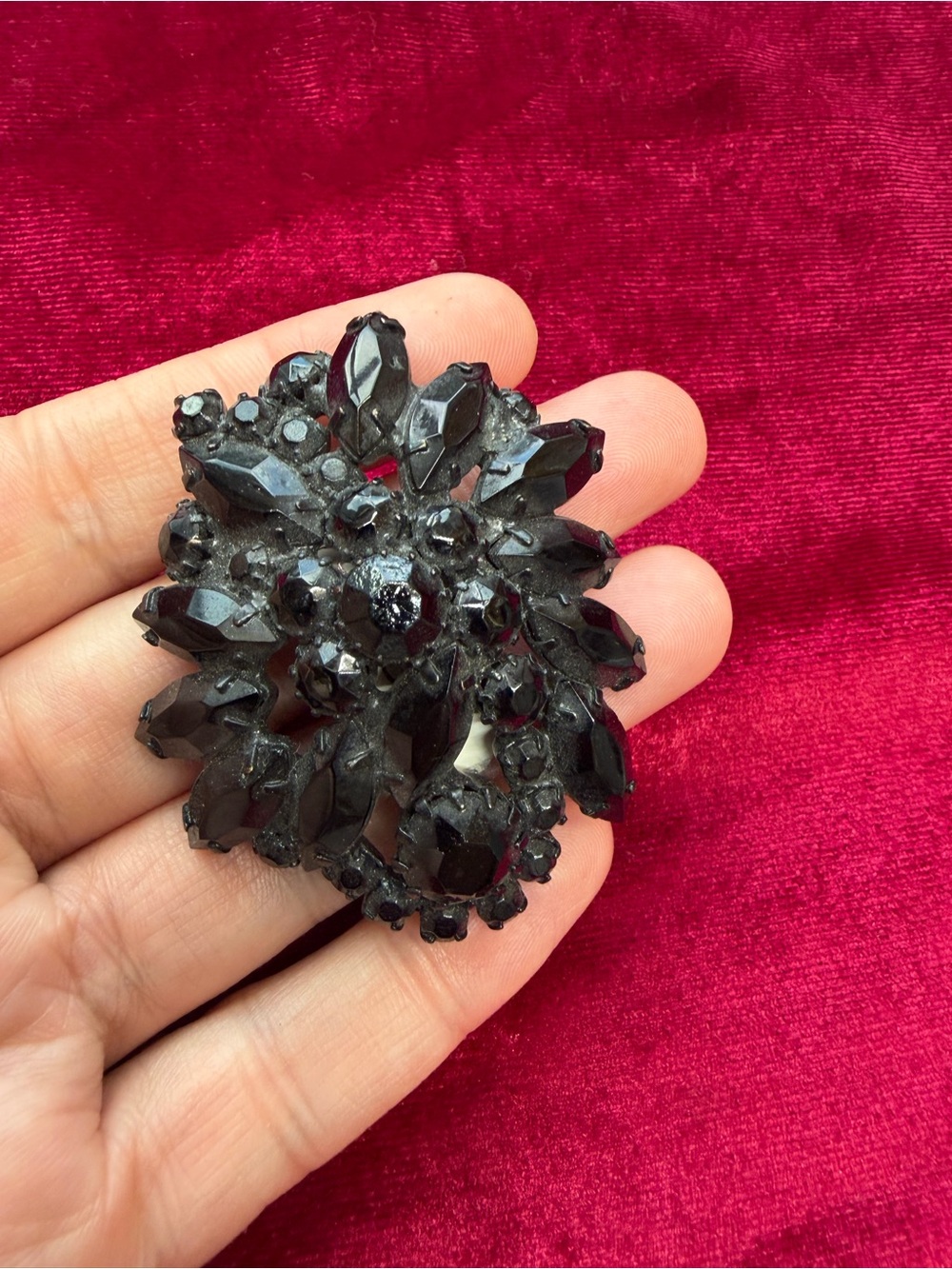 Vintage Black Rhinestone Domed Flower Brooch